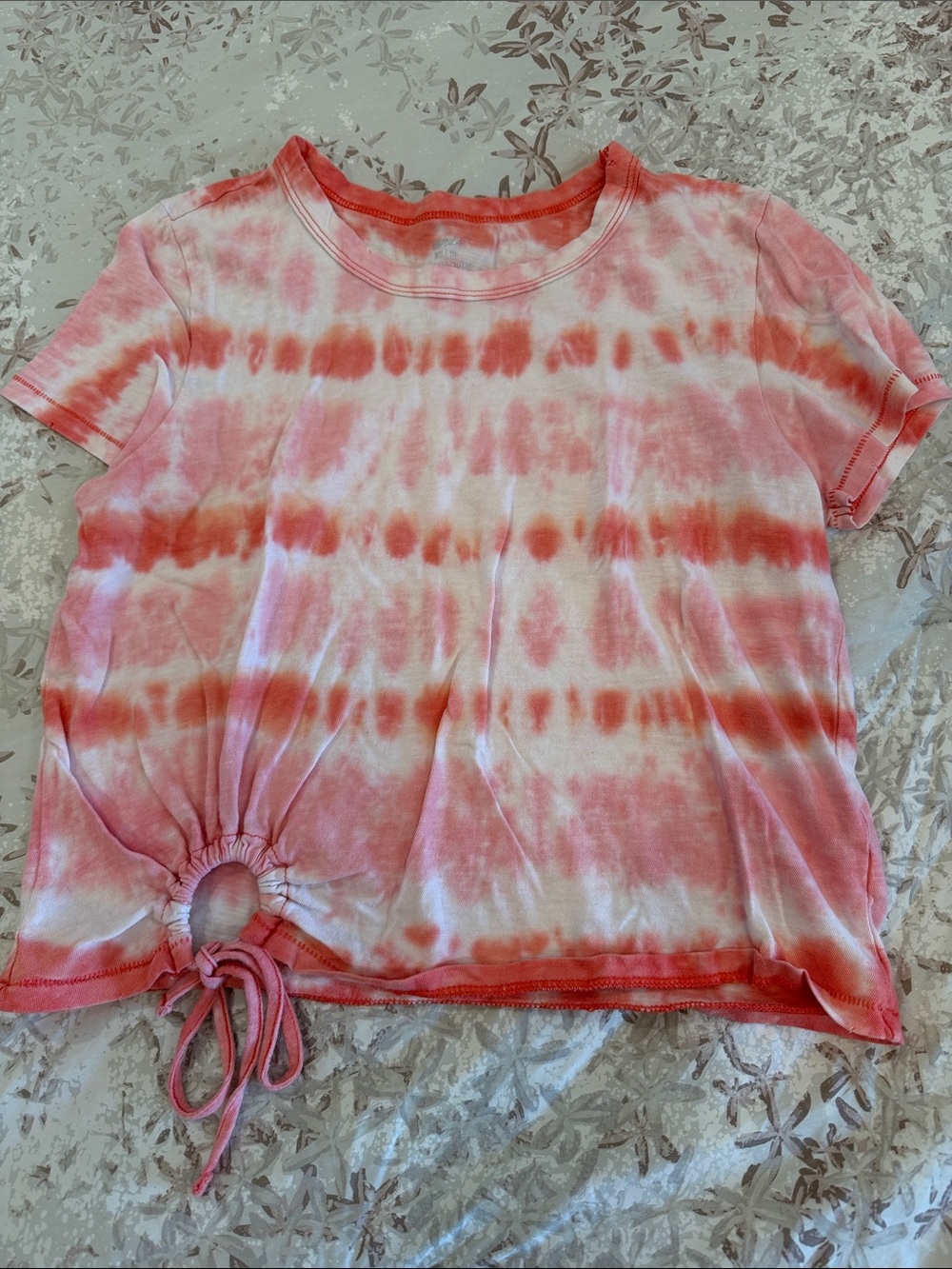 aerie Pink and Coral Tie-Dye Short Sleeve Drawstring Tee
